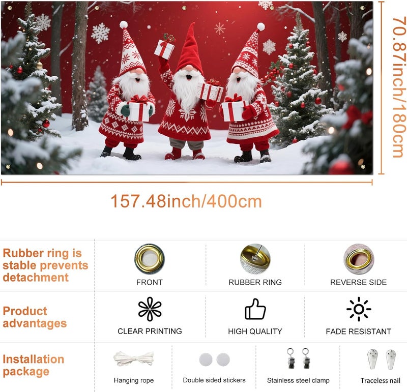 IVN Christmas Garage Door Cover Decoration 13x6ft Three Santas Gnome Red Gift Tree Snowy Trees Merry Christmas Garage Door Banner Home Door Front Yard Decor for Xmas Eve Holiday Outdoor - Image 3